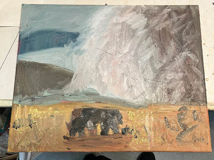 Painting Study Of A Geyser Scene With a Buffalo